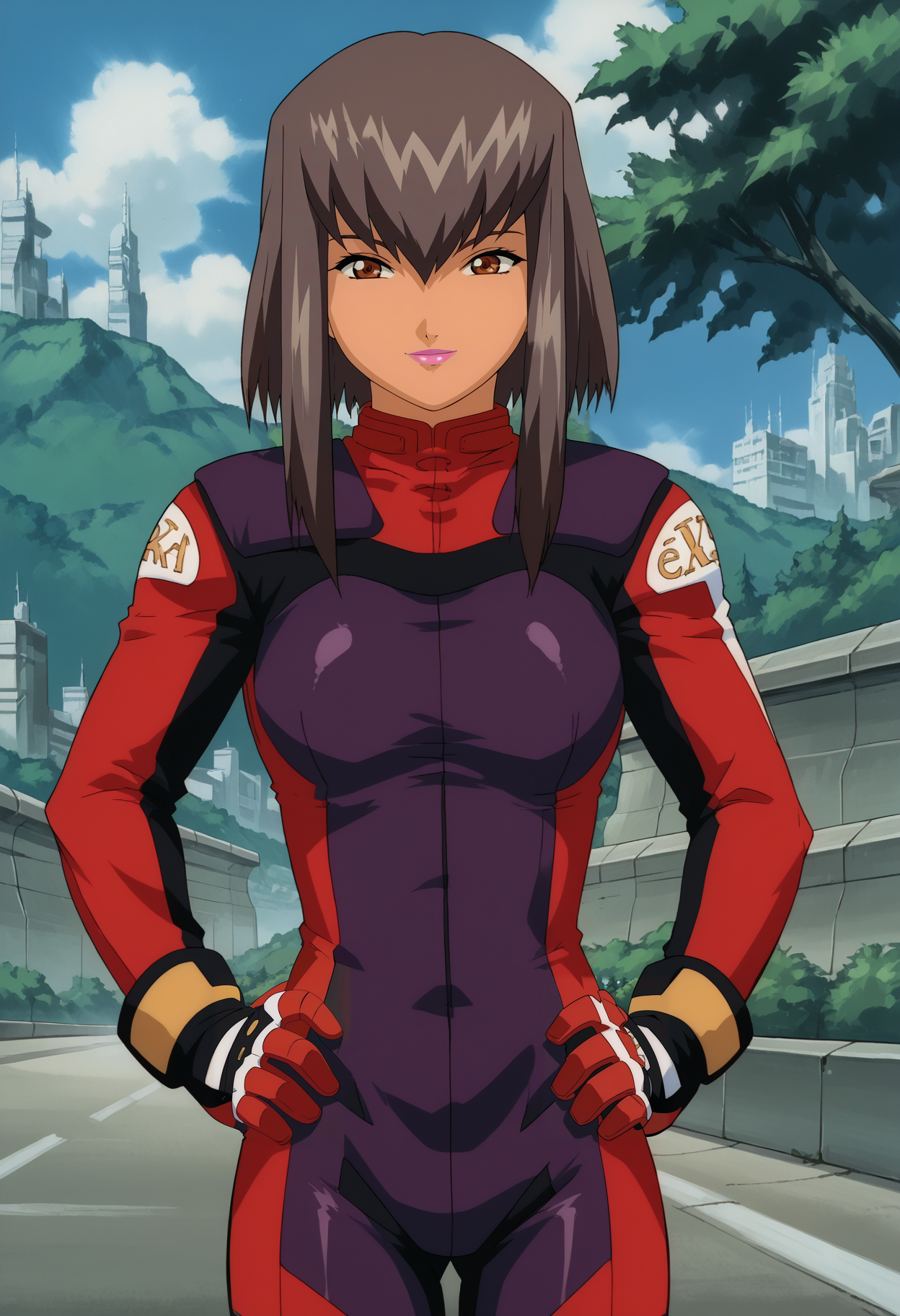 <lora:Rei_Kazama-eX-Driver:0.9>,Rei,mature female,1girl,solo,brown eyes,dark skin,brown hair,short hair,lipstick,bodysuit,gloves,hands on own hips,looking at viewer,light smile, outdoors