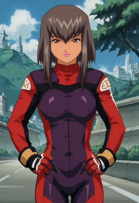 <lora:Rei_Kazama-eX-Driver:0.9>,Rei,mature female,1girl,solo,brown eyes,dark skin,brown hair,short hair,lipstick,bodysuit,gloves,hands on own hips,looking at viewer,light smile, outdoors