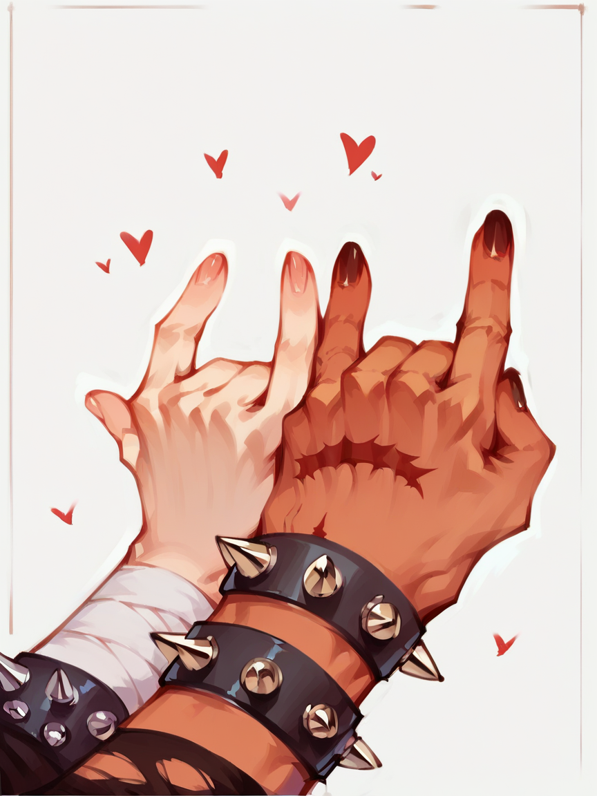 score_9, score_8_up, score_7_up, score_6_up, score_5_up,  <lora:r0ck0n:1> \m/, r0ck0n pose, spiked bracelet, hand, no humans, double \m/, couple