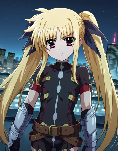 score_9, score_8_up, score_7_up, source_anime,
fatetestarossa, <lora:fate-testarossa-movie2-ponyxl-lora-nochekaiser:1>,
fate testarossa, long hair, blonde hair, red eyes, twintails, hair ribbon,
gloves, belt, bodysuit, magical girl, gauntlets,
outdoors, cityscape, night,
looking at viewer, dutch angle, cowboy shot,