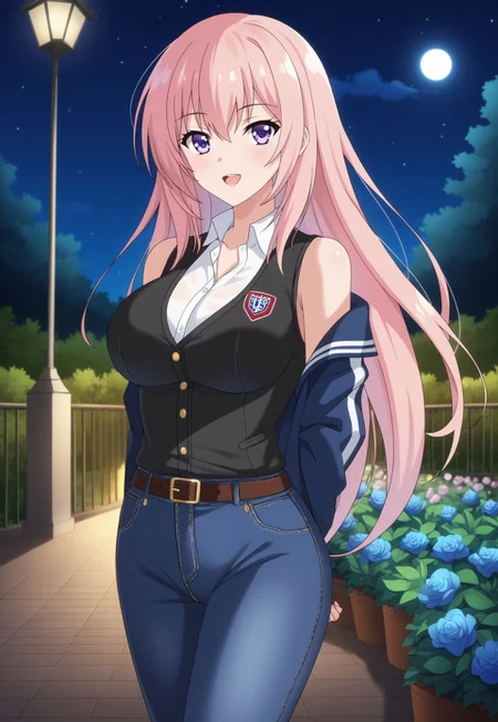 masterpiece,stunning realistic,best quality,sharpness,easynegative, ng_deepnegative_v1_75t, negative_hand,perfect hands,perfect fingers,   Ichinose Honami
very long hair,pink hair,floating hair,sidelocks,hair between eyes,bangs,purple eyes
school uniform,Open varsity Jacket,Tanktop,belt,Jeans,Arms behind back,Standing in a Garden at Night,latern in the Background,flowers in the Background ,
 