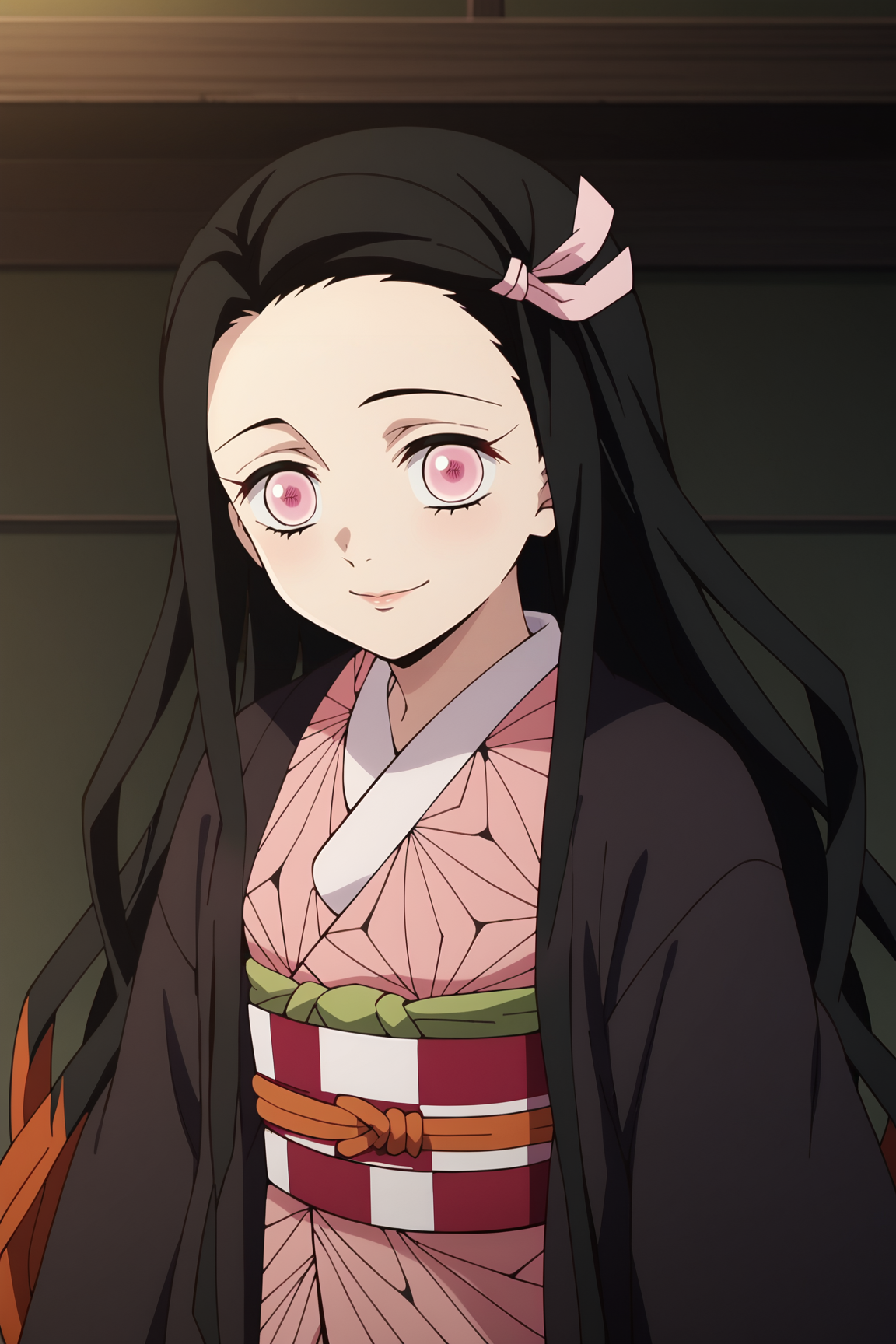 score_9, score_8_up, score_7_up, source anime, prefect lighting, very aesthetic, BREAK, anime screencap, anime coloring,
<lora:kamado_nezuko_v2-pdv6:1>, 1girl, kamado nezuko, kimetsu no yaiba, pink eyes, black hair, brown hair, two-tone hair, forehead, pink ribbon, 
nezuout, hair ribbon, japanese clothes, long sleeves, wide sleeves, pink kimono, checkered sash, obi, black haori, asa no ha \(pattern\), 
BREAK, looking at viewer, light smile, upper body, 
BREAK,