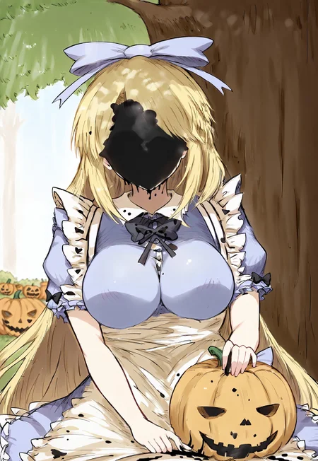 safe_pos, score_9, score_8_up, score_7_up, best_quality,
Expressiveh,
1girl, solo,mature woman, big sister, AliceMotherBS2, 1girl, blonde hair, long hair, breasts, large breasts, very long hair, medium breasts, ribbon, blue bow, apron, dress, white apron, puffy short sleeves, frills, puffy sleeves, maid apron, blue dress, bow, hair bow,covered face,black liquid,
tree, under a tree, below view, upper body, pumpkin, holding pumpkin, lowangleview-3000,