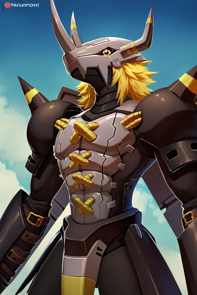 score_9, score_8_up, score_8, BREAK, , zzBlckWrgrymn, solo, no humans, horns, armor, helmet, blonde hair, spikes, yellow eyes, 1boy, male focus, monster, claws, robot, shoulder pads, mask, full armor, standing, wings, <lora:BlackWargreymon_Digimon:0.8>, , BREAK, smile, looking at viewer, cowboy shot, ,,, embedding:zPDXL, <lora:theButcherXPDXL:0.8>,