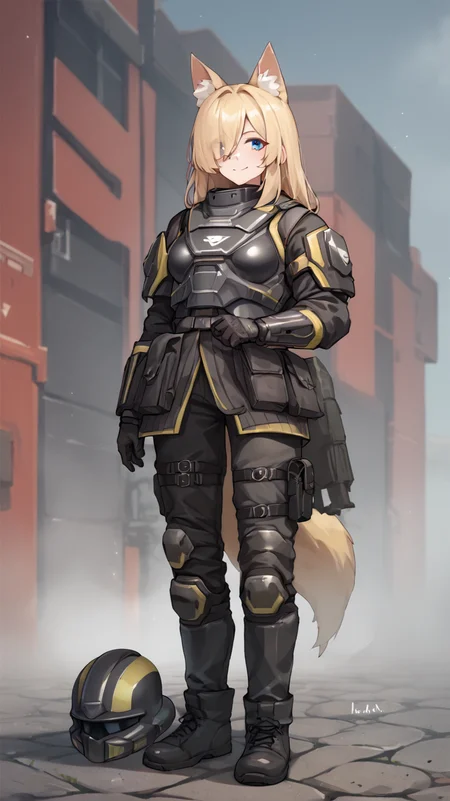 <lora:HelldiversXL:1> score_9, score_8_up, score_7_up, score_6_up, score_5_up, score_4_up, source_anime, helldiver, 1girl, armor, helmet, large breasts, helmet removed, full body, blonde hair, blue eyes, light smile, hair over one eye, fox ears, animal ear fluff