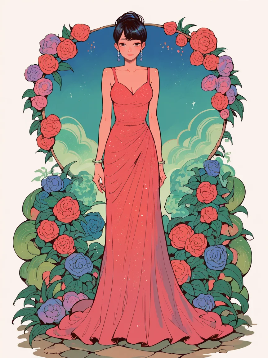 score_9, score_8_up, score_7_up, score_6_up, score_5_up, <lora:tomidoronXLP:1> tomidoron, colourful, solo, 1girl, evening gown,