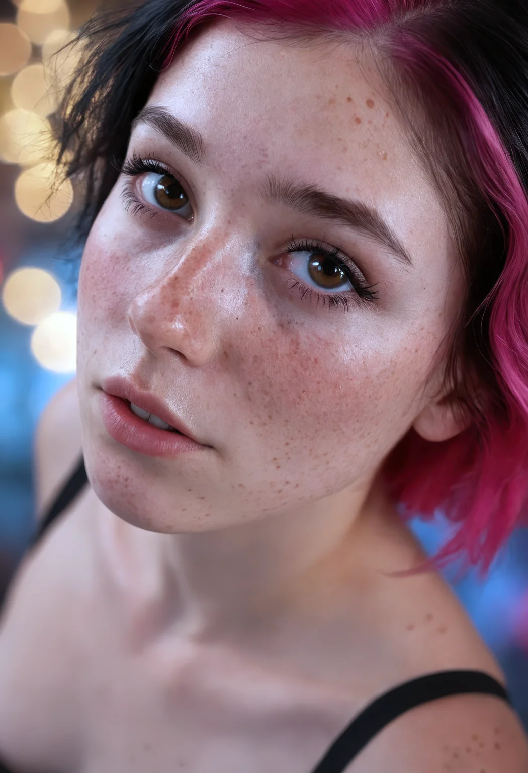 1girl, hot pink hair, freckles, 18yo, gorgeous, cute face, cute girl, short fluffy black hair, detailed face, beautiful woman's face, crop top, looking at viewer, ultra realistic, hyper realistic, bokeh background, from above, dynamic composition, engaging narrative, high-quality details, evocative mood, immersive scene, realistic textures, captivating atmosphere