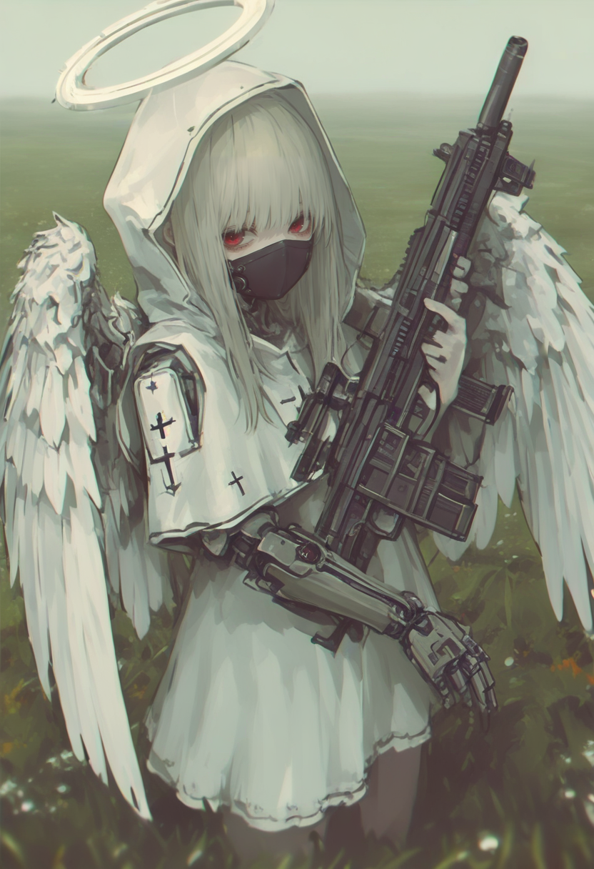 1girl, wings, halo, weapon, solo, gun, cross, hood, mask, holding, mechanical arms, looking at viewer, angel, feathered wings, long hair, holding weapon, holding gun, rifle, outdoors, grass, angel wings, cyborg, red eyes, single mechanical arm <lora:748cmXL_NB11_lokr_V6311P:0.95>