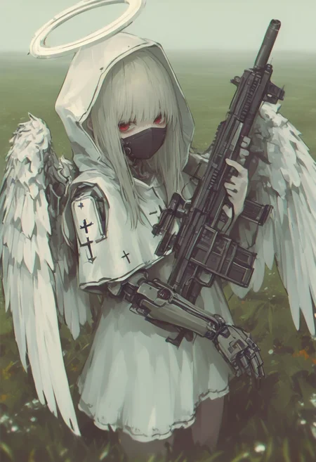 1girl, wings, halo, weapon, solo, gun, cross, hood, mask, holding, mechanical arms, looking at viewer, angel, feathered wings, long hair, holding weapon, holding gun, rifle, outdoors, grass, angel wings, cyborg, red eyes, single mechanical arm <lora:748cmXL_NB11_lokr_V6311P:0.95>