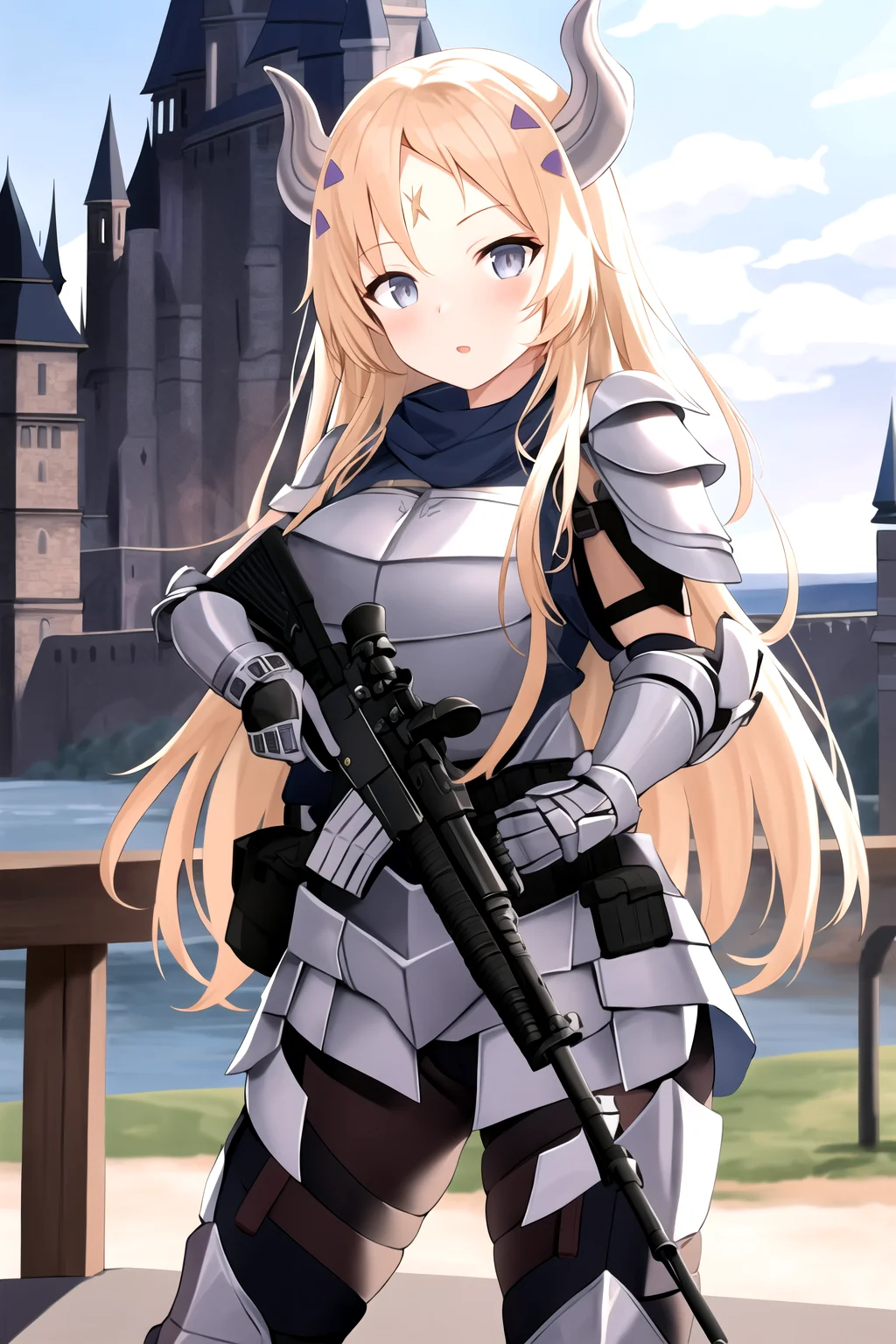 masterpiece, best quality, 1girl, m4a1, ecclesia, armor, horns, rifle, trigger discipline, castle background <lora:Ecclesia e6:0.8> <lora:m4a1:0.85>