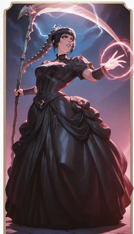 1girl, solo, shadowheart \(baldur's gate\), action shot, magic, ballgown, fantasy illustration, 5ephb,<lora:5EPortraitStyle-ILXL2025-01-15_19-33-27-save-2301-39-0:1> <lora:Outfit_soph-BustleDress-ILXL:1>, gold border, scythe, moody atmosphere masterpiece, best quality, very aesthetic, newest