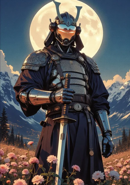 A futuristic cyber a figure standing in a field of wildflowers under the moonlight. He wears a highly detailed traditional samurai robe with intricate golden embroidery. His hands are covered in reflective metallic gauntlets, gripping a razor-sharp katana. helmet- mask is a smooth, mirror-like reflecting the night sky, mountains, and glowing city lights in the distance. The scene is bathed in deep blue and golden hues, blending soft natural light with cinematic contrast. Japanese aesthetics and cyberpunk technology
