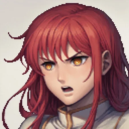 score_9, score_8_up, score_7_up, source_anime BREAK, fedsportraits, portrait, white background, solo, 1girl, mak1ma0, red hair, long hair, ringed eyes. Her expression is angry, open mouth