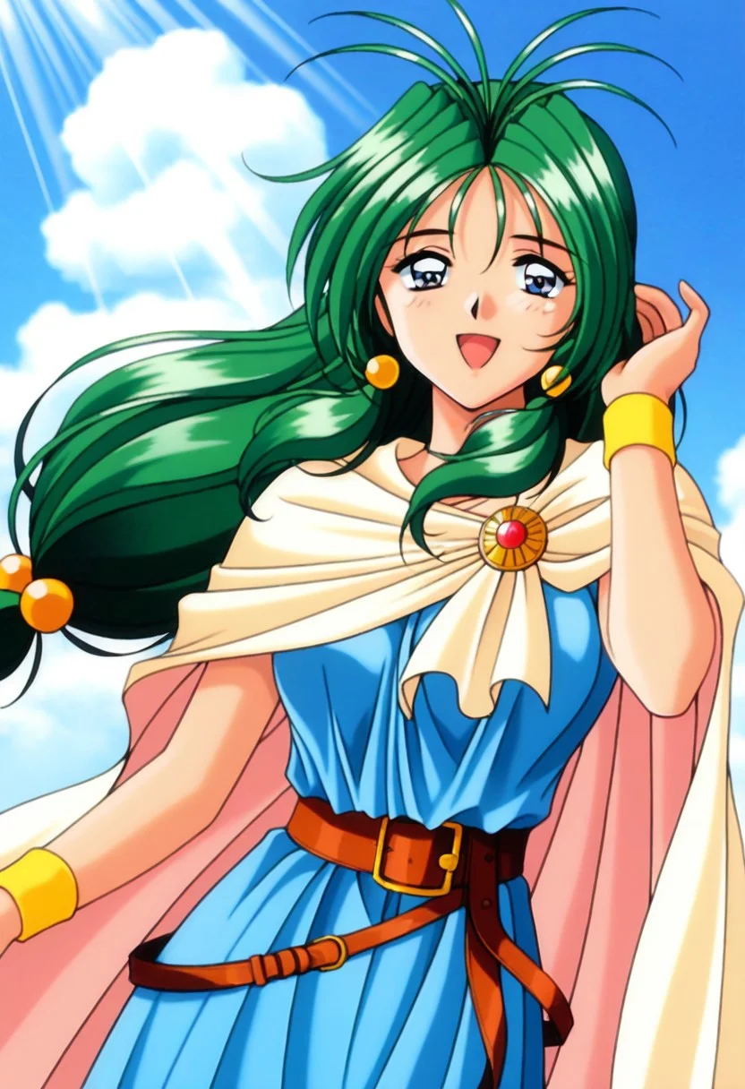 masterpiece, best quality, amazing quality, very aesthetic, high resolution, 1girl, cowboy shot, anime-style, digital art, high resolution, cute girl, smiling, sunlight, bright, clear sky, blue sky, clouds, daytime, outdoor, wind blowing her hair, dynamic pose, cheerful mood, light reflections, detailed background, high quality, beautiful, attractive, light rays, bright lighting, sky, joyful, happy, energetic, bright atmosphere, detailed shading, anime aesthetics, vibrant, lively, braid, jewelry, belt, cape, blue dress, wristband, retro artstyle, 1990s \(style\),
clairemm, blue eyes, green hair, antenna hair, long hair, low-tied long hair, hair bobbles, medium breasts, mature female,