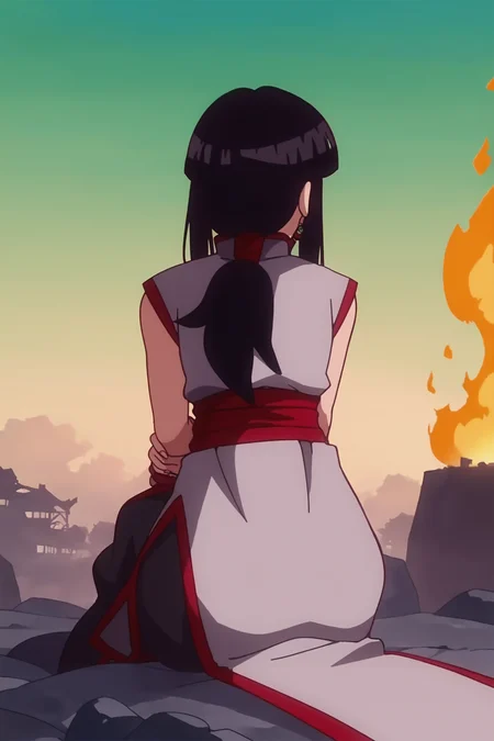 source_anime, score_9, score_8_up, score_7_up, anime screencap, absurdres, official style,
1girl, solo, long hair, black hair, sidelocks, ponytail, sleeveless dress, black dress, red trim, chinese clothes, china dress, red wristband, red sash, black pants, baggy pants, facing away, from behind, sitting, half-closed eyes, green sky, mountainous horizon, tree, fingernails, hand on own face, hand on lap,
night sky, destruction, ruined city, smoke, fire, red theme
<lora:chichiDBS_pony_v1:0.8>