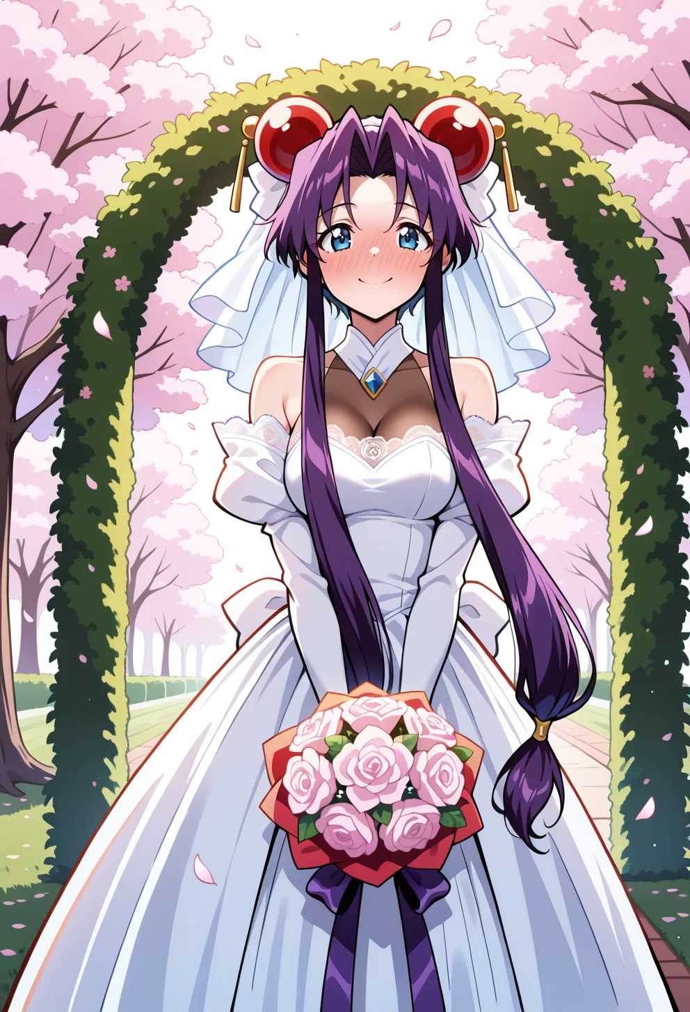 masterpiece, best quality, high quality, anime, sparkling background,
<lora:AECherryIlx:1>
AECherry, blue eyes, purple hair, low-tied long hair, hort hair with long locks, outdoors, smile, floral arch, v arms, wedding dress, bridal veil, light blush, cherry blossoms, falling petals, full-face blush, bridal gauntlets, bride, lace-trimmed dress, white see-through cleavage, juliet sleeves, purple bouquet,