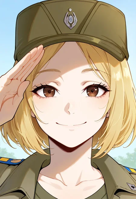 screencap, masterpiece, best quality, (Expressiveh),
1girl, solo female, marichka, blonde hair, short hair, brown  eyes, military uniform, military hat, portrait, cute, beautiful, close up up close, close, looking at viewer, happy, smile, closed mouth, salute, right hand salute,