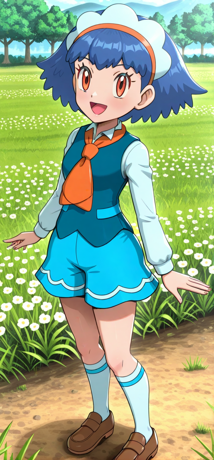 [hinosaki, pokemoa, gonzarez], 2d, masterpiece, best quality, amazing quality, 1girl, solo, close-up, standing, open mouth, smile, looking at viewer, meadow, ,xymiette, miette \(pokemon\), orange eyes, blue hair, short hair, headdress, vest, collared shirt, long sleeves, skirt, orange necktie, kneehighs, white socks, loafers, brown footwear