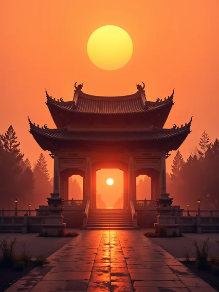 Altar and Temple Architecture: An illustrative depiction of a traditional Chinese altar or temple,a testament to China's deep-rooted cultural heritage,under the serene backdrop of a setting sun.,
The image presents a well-preserved altar or temple,a symbol of ancient Chinese architecture,standing in its full glory against the warm,golden light of the sunset. The structure,with its sweeping roof,intricate carvings,and balanced proportions,is bathed in the soft glow of the declining day,highlighting the temple's historical and spiritual significance.,
The temple's silhouette is accentuated by the sunset,creating a striking contrast between the ancient stonework and the vibrant sky. The scene evokes a sense of reverence and tranquility,encapsulating the essence of China's architectural and cultural legacy.,
This portrayal captures the timeless beauty of altar and temple architecture in China,with the sunset serving as a metaphor for the enduring spirit of Chinese tradition and the passage of time. The image conveys a deep appreciation for the artistry and craftsmanship of ancient Chinese builders,and the enduring relevance of these sacred structures in contemporary society.,