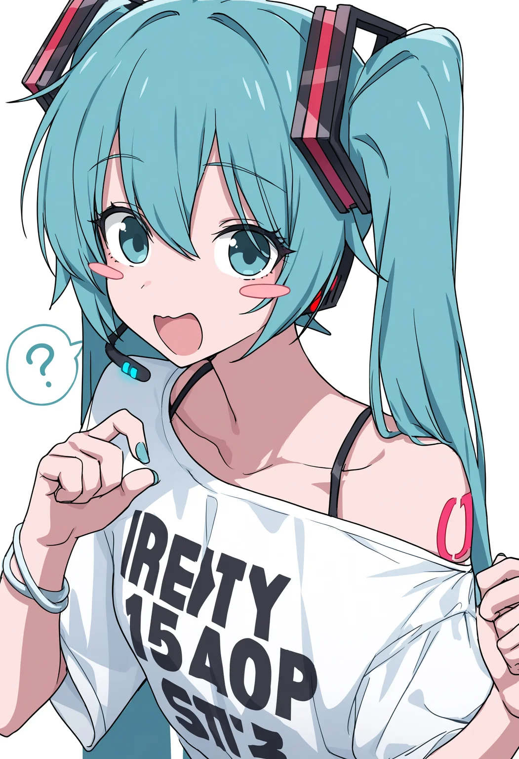 1girl, hatsune miku,
channelstyle, ?, solo, twintails, shirt, spoken question mark, long hair, white shirt, white background, aqua eyes, open mouth, upper body, aqua hair, hair ornament, very long hair, off shoulder, single bare shoulder, t-shirt, smile, collarbone, clothes writing, simple background, short sleeves, headphones, aqua nails, speech bubble, :d, hair between eyes, hands up, wavy mouth, off-shoulder shirt, blush stickers, headset, looking at viewer, alternate costume,
masterpiece, best quality
<lora:ChannelStyle-RASF-000100:1>