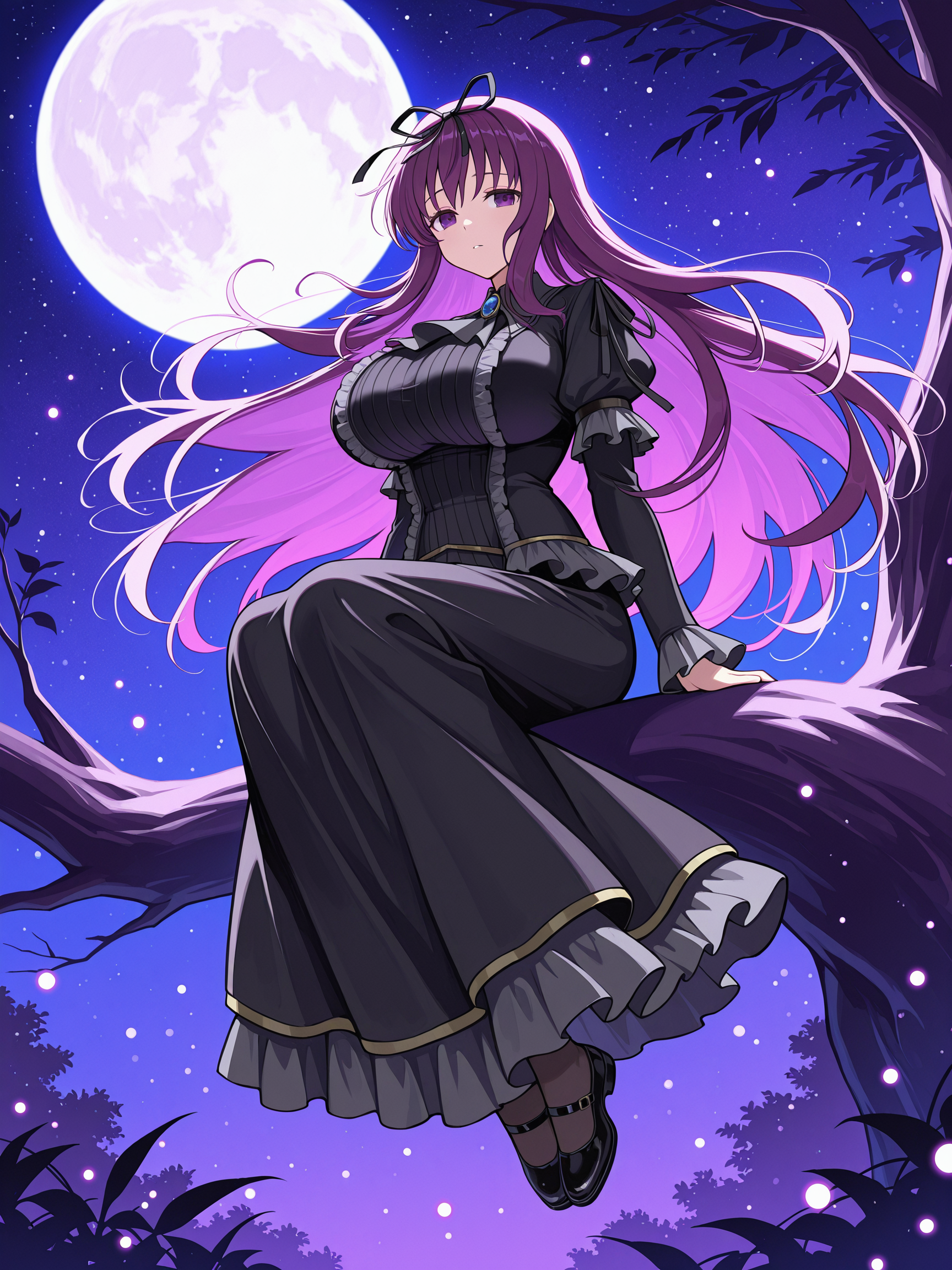 masterpiece, best quality, amazing quality, by [diyokama|say hana|lam]
(solo:1.4), Murasaki_IL, purple eyes, purple hair, very long hair, hair ribbon, large breasts, shinobi_outfit, black dress, long dress, frills, brooch, gem, long sleeves, black shoes
floating hair, glowing hair, night scene, moon in the sky, purple hues, starry night, dreamlike atmosphere, glowing edges, mystical, high contrast, ethereal light, sitting on a tree branch, light particles
<lora:SK_Murasaki_IL:0.8>