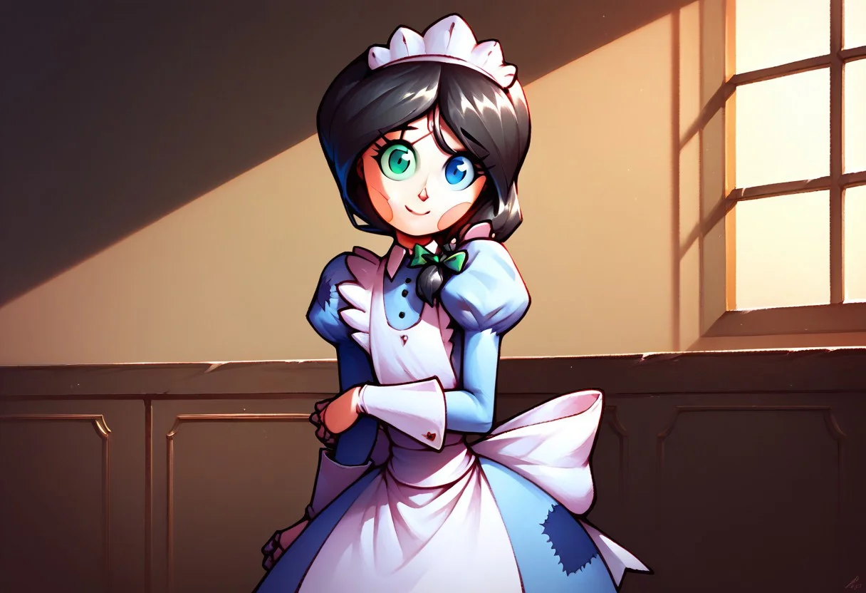 masterpiece, score_9_up, score_8_up, score_7_up, 1girl, solo, luluthenandroid, maid headdress, maid uniform, black hair, heterochromia, crackscar, nancheeks, nantoes, smiling, wide hips, Juliet sleeves, puffy sleeves, looking at viewer