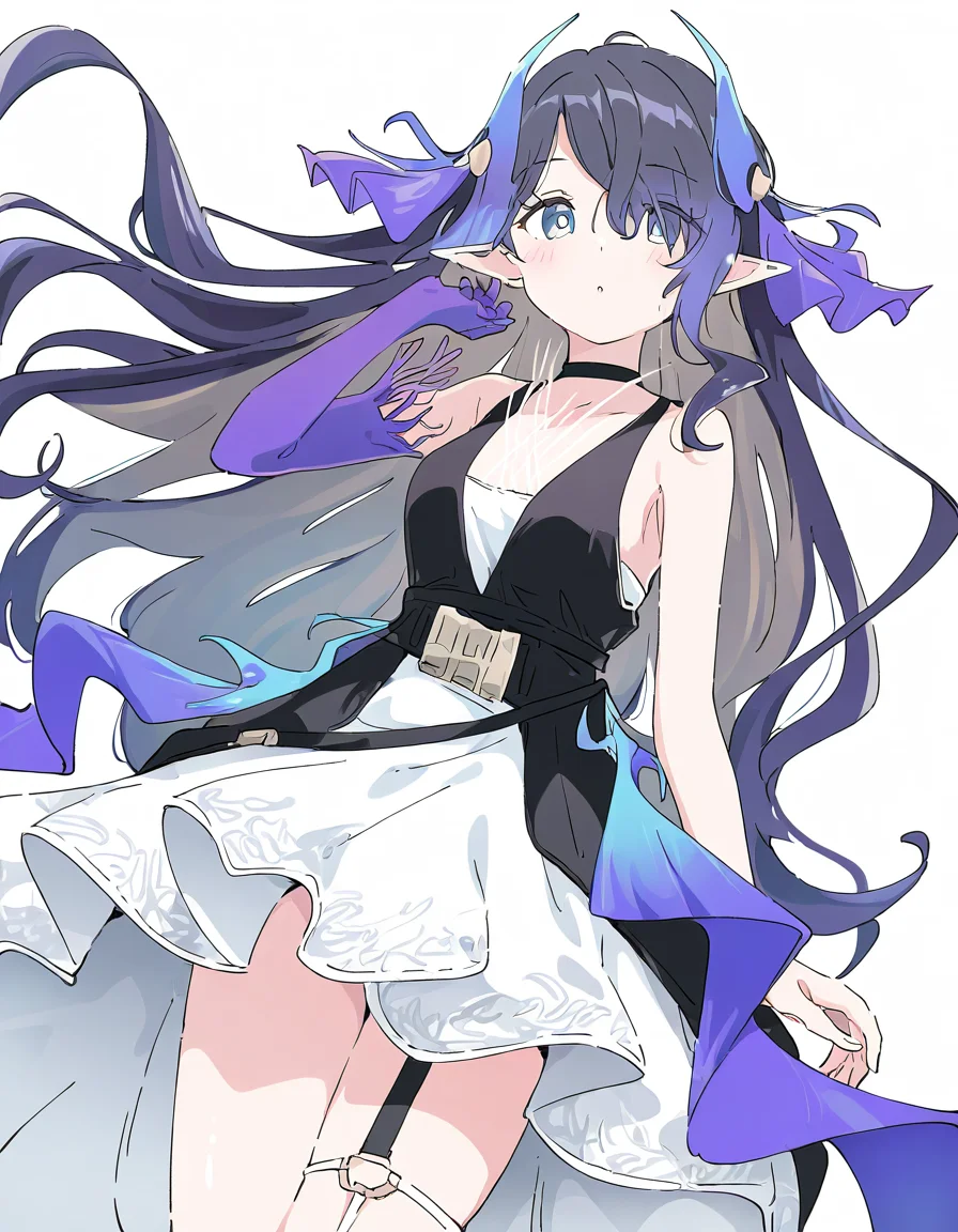 1girl,solo,looking at viewer,simple background,white background,cowboy shot,highmore,single glove,purple gloves,<lora:highmore-000010:1>,, masterpiece, best quality, very aesthetic, absurdres,newest, incredibly absurdres,, (Ixy:0.6)),(hiten \(hitenkei\):0.7),