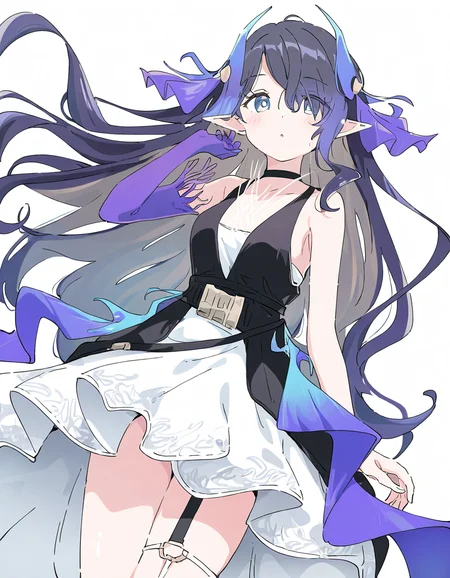 1girl,solo,looking at viewer,simple background,white background,cowboy shot,highmore,single glove,purple gloves,<lora:highmore-000010:1>,, masterpiece, best quality, very aesthetic, absurdres,newest, incredibly absurdres,, (Ixy:0.6)),(hiten \(hitenkei\):0.7),