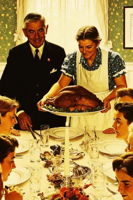 normanrockwell1 painting.
A family gathered around a large dining table, enjoying a Thanksgiving dinner. The table is laden with a roasted turkey, surrounded by various dishes and serving pieces.
The central figure is a grandmother wearing apron, bringing in a large roasted
turkey. The grandfather is standing behind her.
<lora:normanrockwell1_cap_d6a3e12:1.0><lora:841443458607589277:0>