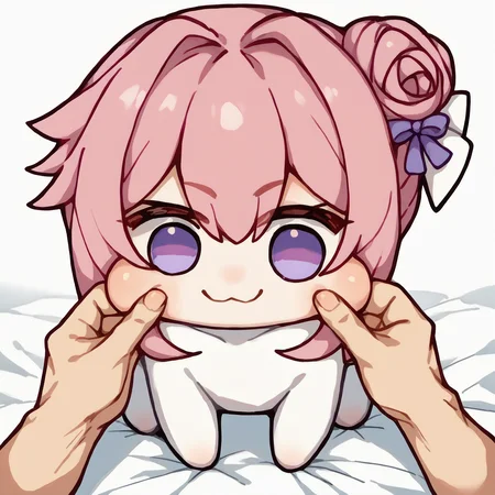 score_9, score_8_up, score_7_up, source_anime, 1boy, cheek pinching, pov hands, <lora:PinchingPOVBothHands_XLPD:1>, <lora:Doro_X_PDXL_V1:1> doro, creature, :3, chibi, pink hair, purple eyes, hair bun, hair bow, no humans, white skin, solid circle eyes, no pupils, all fours,