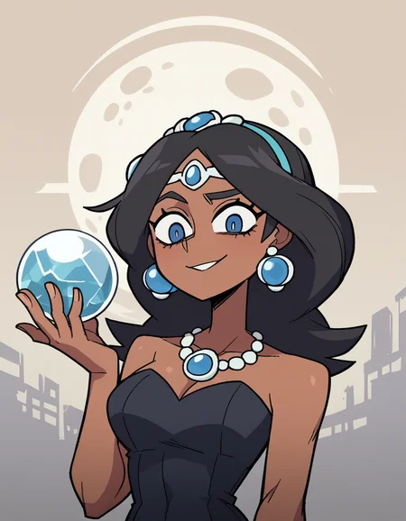 zPDXL, score_9, score_8_up, score_7_up, source_anime, 8k, absurdres,
1girl, solo, <lora:Vanitaker:1> vanitaker, Princess Jasmine, dark-skinned female, black hair, witch wearing Mesmerizing silver and black gown with moon and stars embellishments, sheer stockings, silver heels, (dark iron circlet), crystal ball, upper body, portrait,