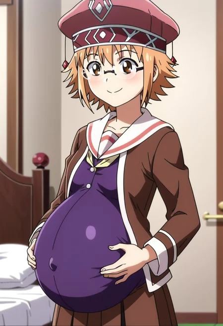 score_9, score_8, score_7,
best quality, masterpiece, 4k, perfect lighting, very aesthetic, anime, anime coloring, official art, anime screencap, absurdres,
bedroom, hands on belly, happy, smile,
(large pregnant belly:1.1), (round belly:1.1), (pregnant bump:1.1),
<lora:PeterGrillPhilosophersTimeV2:1> Mitchy Peligrima, short hair, brown hair, brown eyes, glasses, orange hair, small chest, hat, school uniform, purple shirt, brown vest,
(covered belly:1.5), (pregnancy clothes:1.5)
cowboy shoot,