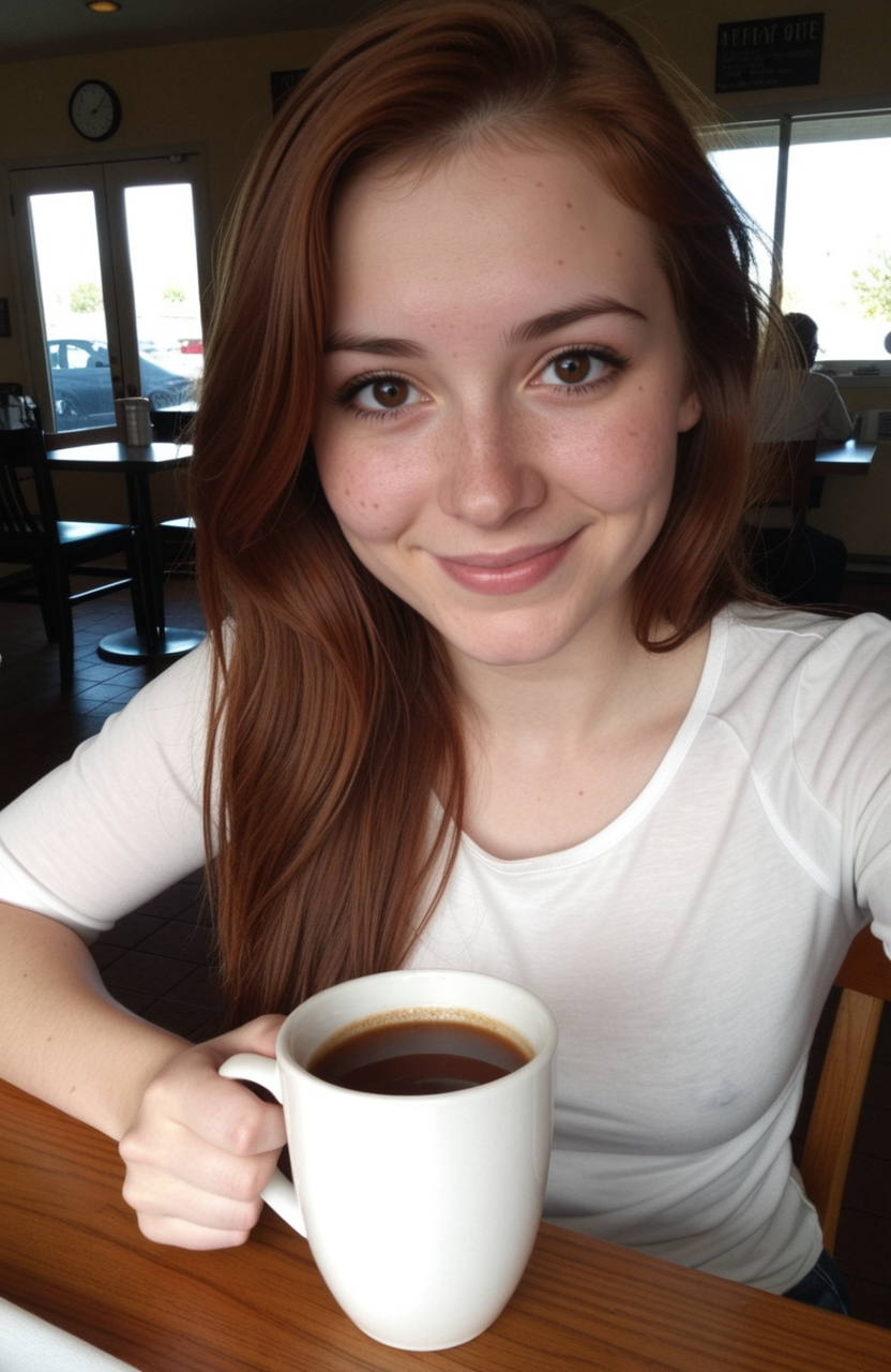 amateur photo, photorealism, photorealistic, 1girl, solo, fair skin, detailed skin texture, skin fuzz, skin pores, sitting on a wooden chair, front view, upper body, auburn hair, long hair, brown eyes, looking at viewer, eyeliner, enjoying a cup of coffee, table, white shirt, smile, smiling, blush, blushing, indoors, coffee shop, cafe, warm, cozy, gonzalomo-amateur, <lora:GonzaLomo_Amateur:0.2>