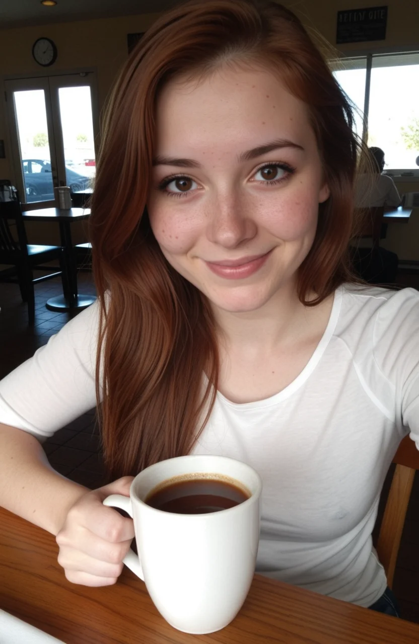 amateur photo, photorealism, photorealistic, 1girl, solo, fair skin, detailed skin texture, skin fuzz, skin pores, sitting on a wooden chair, front view, upper body, auburn hair, long hair, brown eyes, looking at viewer, eyeliner, enjoying a cup of coffee, table, white shirt, smile, smiling, blush, blushing, indoors, coffee shop, cafe, warm, cozy, gonzalomo-amateur, <lora:GonzaLomo_Amateur:0.2>