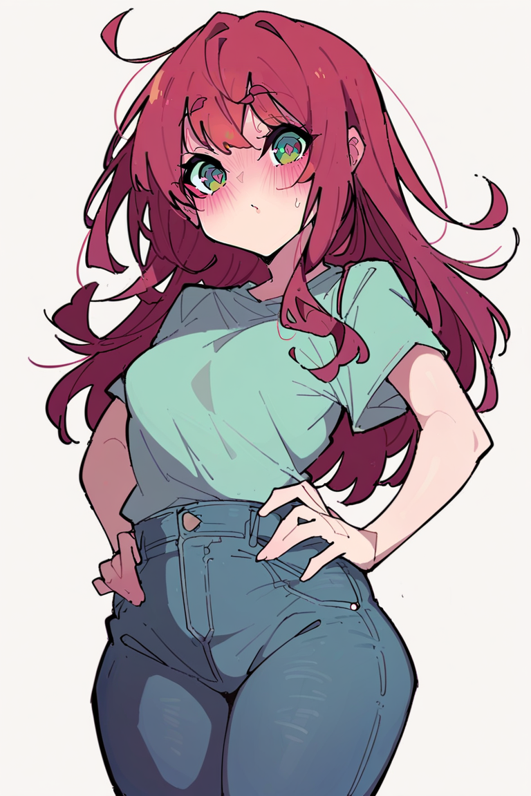 <lora:Kakure Eria:1>, score_9, score_8_up, score_7_up, score_6_up, score_5_up, rating_questionable, source cartoon
1girl, pretty face, pretty eyes, detailed eyes, HD eyes, thick thighs
hands on hips, standing, cowboy shot
looking at viewer, blush, eyebrows, long hair, red hair, green eyes jeans, green t-shirt, boots, high waisted jeans
simple background, white background