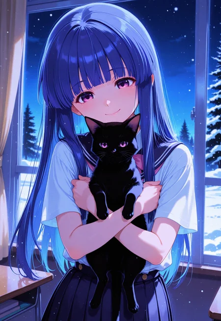 1girl, upper chest closeup, dynamic angle,furude rika, higurashi no naku koro ni,1girl, purple eyes, blue hair, long hair, blunt bangs, solo, detailed eyes, very aesthetic, focused, mature, long torso, looking at cat, happy, smile, school uniform, slender figure, thin waist, beautiful female, holding black cat to face, hugging cat close, eyes turning to cat, arms around cat, cute, snowy trees, snow, Japanese classroom, Japanese school desk, window, detailed background, tree, mellow light, dawn,

indoors, dynamic light, velvet theme, lights off, depth of field, window, night sky, light particles, volumetric lighting,
night scene, ambient lighting, soft shadows, masterpiece, best quality, very aesthetic, absurdres, newest, by ame_arare,