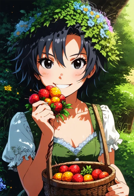 (zPDXL2), score_9, score_8_up, score_7_up, score_6_up, source_anime, <lora:Worldly_XL:1> volumetric lighting, warm colors, motion effects, best quality, wallpaper art, looking at viewer, woods, flowers, insects
1girl, solo, 18 year old, Little Red Riding Hood on a path in the woods, holding basket with berries, delicate and smooth skin, cleavage, shy smile, eyes open, low cut, 
<lora:KikuchiMakoto_pony_v1:0.9> kkcmkt, short hair, black hair, antenna hair, hair between eyes, black eyes, flat chest,  small breasts, 
Expressiveh,  <lora:c0l0urc0r3XLP2:0.40> c0l0urc0r3, cute, bright colours, candy, <lora:RELSM_v1:0.90> <lora:[GP] somethingweirdv1 [Pony XL]:0.20>