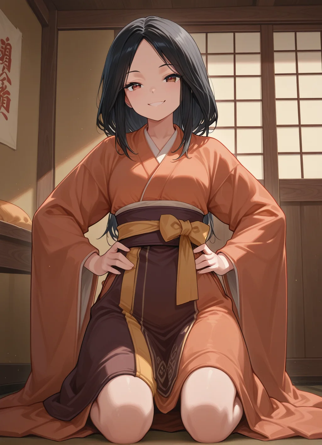 masterpiece, best quality,1girl,indoors, 1girl, smile, black hair, divinechild, japanese clothes, kneeling, hands on own hips, <lora:divinechild:0.8>
