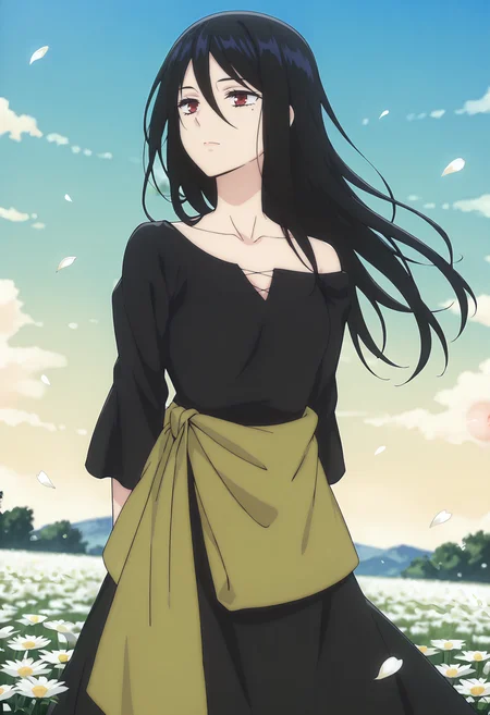 best quality, amazing quality, perfect quality, high quality, masterpiece, absolutely eye-catching BREAK
 <lora:Sacrificial_Princess_and_the_King_of_Beasts_-_Anastasia:1> NiehimeAnastasia, mole under eye, red eyes, black hair, long hair, hair between eyes, small breasts BREAK
black dress, three-quarter sleeves, off shoulder, brown waist sash BREAK
outdoors, flower field, petals, wind BREAK
1girl, solo, standing, looking afar, floating hair, arms behind back, cowboy shot, dutch angle, blurry background
