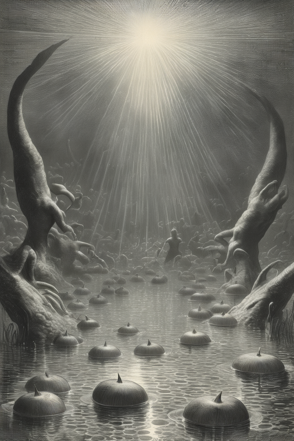 <lora:Gustave Dore Style:1>Gustave Dore Style - Gustave Dor illustration of a pond covered in lily pads, light rays through the water illuminate swimming creatures below the ponds surface