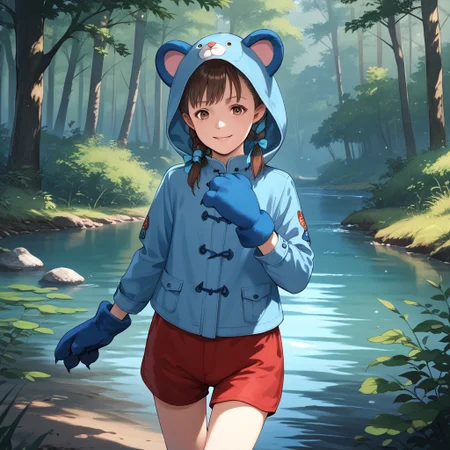anime coloring, score_9, score_8_up, score_7_up, score_6_up, natalia-korda, resident evil, 1girl, blue ribbon, brown eyes, brown hair, lips, braid, blue jacket, paw gloves, red shorts, marching, smiling, in the forest, creek, undergrowth, succulents, animal hood, (bear costume:0.7)