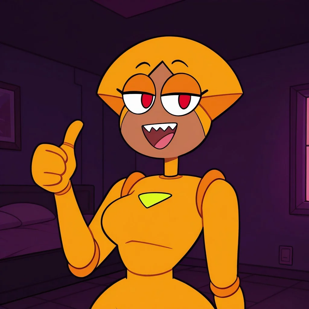 flat color,solo,1girl,shannon_boxman, dark skin, red eyes, robot,joints, medium breasts, narrow waist, wide hips,half-closed eyes,smile,open mouth,sharp teeth,thumbs up,looking at viewer,upper body portrait,indoors,dark bedroom