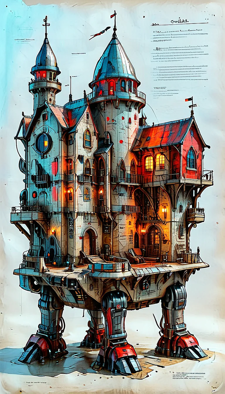 (cel-shading:2)+, (in ARTIST style:1.6), (masterpiece:1.7), night, glow neon, hyperrealism, glossy, shinny, clear image, accurate picture, clear picture, precise image, focused image,
An illustrated medieval old worn page of (iron castle, science fiction, standing, Walking vehicle, red paint), made with ingredients including: (mechanical legs, antenna, parts, wires), text is Old English and Gothic, parchment page, intricate details, muted colors, high resolution, best quality, fantasy vibe (ultra sharp focus:2), (detailed windows:2), (thin lines:2), (best quality:1.8),
<lora:MJ52:0.8> <lora:ParchartXL_CODA:1>,
<lora:add-detail-xl:1> (ultra sharp focus:1.8), (detailed skin:1.8), (thin lines:1.8), (best quality:1.8),
<lora:Apparatus_-_Traction_City_Walkers_Vehicles:0.7>, <lora:Someplastic_b:0.6>,
<lora:glowneon_xl_v1:0.6>