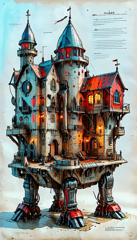 (cel-shading:2)+, (in ARTIST style:1.6), (masterpiece:1.7), night, glow neon, hyperrealism, glossy, shinny, clear image, accurate picture, clear picture, precise image, focused image,
An illustrated medieval old worn page of (iron castle, science fiction, standing, Walking vehicle, red paint), made with ingredients including: (mechanical legs, antenna, parts, wires), text is Old English and Gothic, parchment page, intricate details, muted colors, high resolution, best quality, fantasy vibe (ultra sharp focus:2), (detailed windows:2), (thin lines:2), (best quality:1.8),
<lora:MJ52:0.8> <lora:ParchartXL_CODA:1>,
<lora:add-detail-xl:1> (ultra sharp focus:1.8), (detailed skin:1.8), (thin lines:1.8), (best quality:1.8),
<lora:Apparatus_-_Traction_City_Walkers_Vehicles:0.7>, <lora:Someplastic_b:0.6>,
<lora:glowneon_xl_v1:0.6>