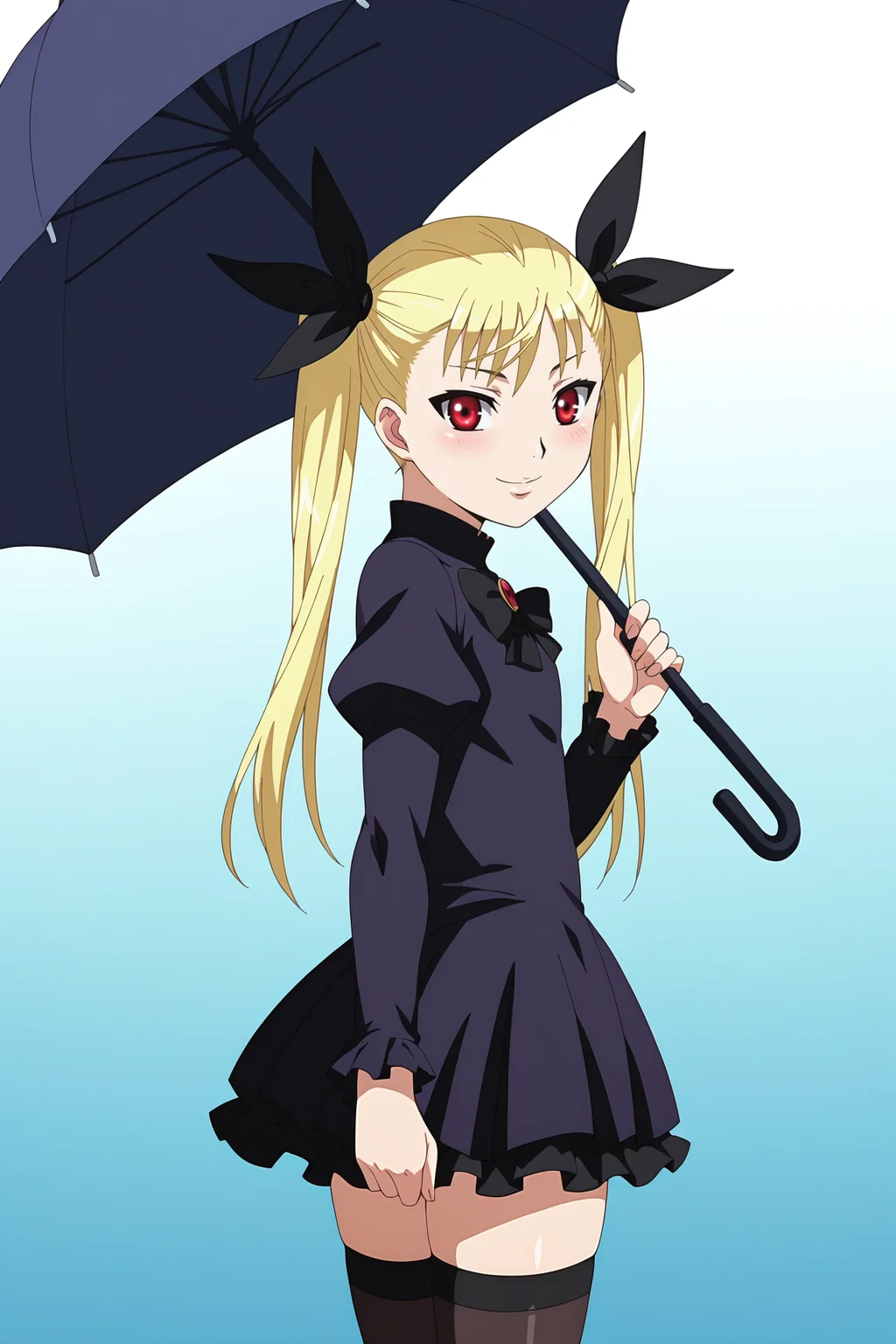 score_9, score_8_up, score_7_up, source anime, prefect lighting, very aesthetic, BREAK, anime screencap, anime coloring,
<lora:mina_tepes_v1:1>, 1girl, mina tepes, dance in the vampire bund, blonde hair, red eyes, flat chest, hair ribbon, twintails, gothic, dress, thighhighs, umbrella,
BREAK, looking at viewer, smile, blush, wide hips, from side, looking back,
BREAK,
