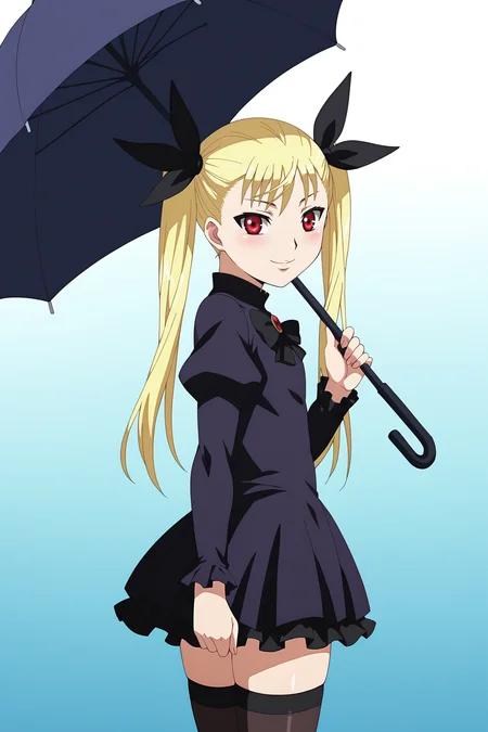 score_9, score_8_up, score_7_up, source anime, prefect lighting, very aesthetic, BREAK, anime screencap, anime coloring,
<lora:mina_tepes_v1:1>, 1girl, mina tepes, dance in the vampire bund, blonde hair, red eyes, flat chest, hair ribbon, twintails, gothic, dress, thighhighs, umbrella,
BREAK, looking at viewer, smile, blush, wide hips, from side, looking back,
BREAK,