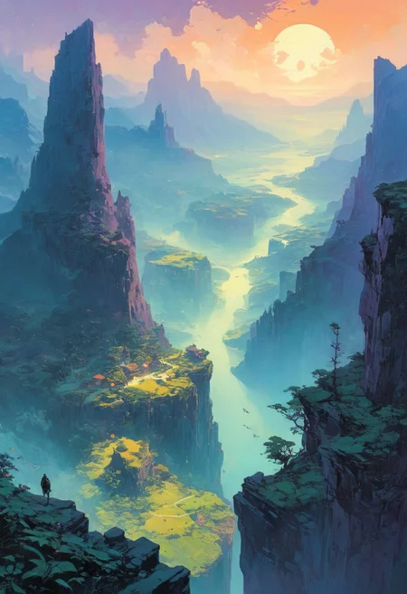 Artwork, cyberpunk, anime, Overhead bird’s eye view of a Romanticism landscape, creating a mystic and enchanting environment. Gentle color contrasts and a dreamlike atmosphere contribute to an otherworldly ethereal quality.,, frazetta style
