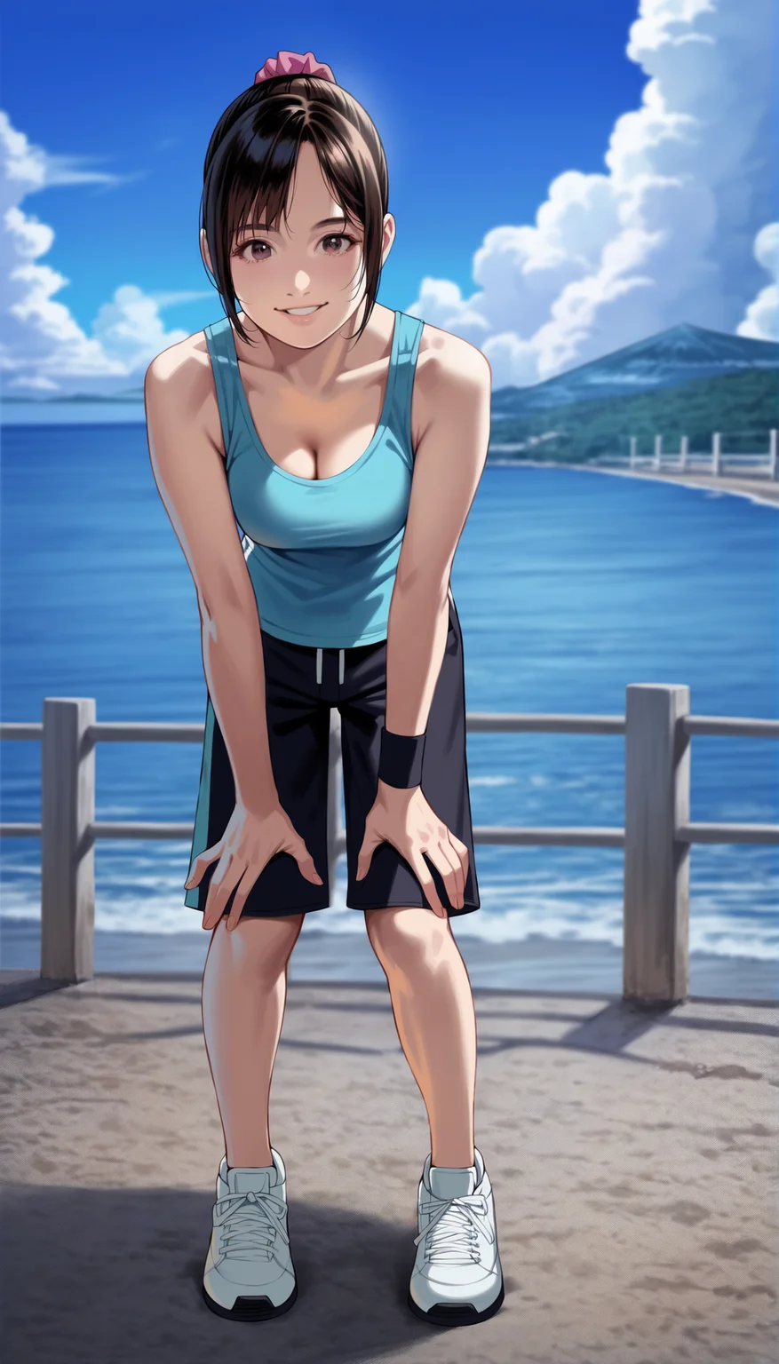 score_9,score_8_up,score_7_up,
highly detailed,highres,photorealism,realistic,
<lora:miiyamotohikari:0.9>,miiyamotohikari,
1girl,solo,black hair,bangs,ponytail,pink scrunchie,brown eyes,looking at viewer,smile,cyan tank top,black wristband,black shorts,cleavage,
white sport shoes,
full body,
leaning forward,hands on own knees,
blurry background,outdoors,sky,ocean,cloud,sea fence,bridge in the background,distant mountains,soft clouds drifting,summer,