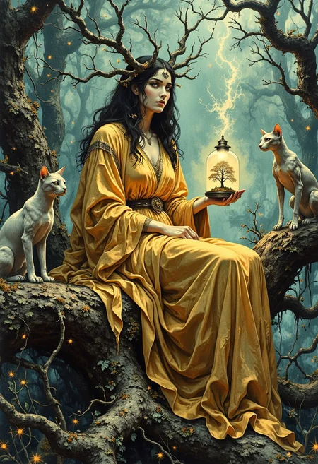 A mystical woman sits atop a massive, weathered tree stump in a dense, ancient forest. She wears a flowing golden gown that cascades around her, pooling over the gnarled wood. Her dark, waist-length hair is interwoven with antler-like branches that extend from her head, their twisted limbs adorned with small golden trinkets. Her face is pale with sharp, symmetrical features, and her eyes are framed by long, dark lashes.
She holds a glass lantern containing a small bonsai tree that emits a soft golden glow. Wisps of light rise from the lantern, drifting upward. Across from her, a feline-like creature with sinewy, nearly hairless skin perches on the stump, watching her intently. Its long limbs and sharp gaze add to its striking appearance.
The background consists of towering, ancient trees with gnarled roots and twisted branches. A dense blue-green mist swirls around the scene. Tiny golden fireflies hover in the air, casting soft points of light. Moss and small plants grow along the bark of the tree stump, adding texture to the surface.
Overhead, the tangled branches of the forest stretch toward the sky, partially obscuring the view above. The lighting is soft and diffused, with a cool-toned glow filtering through the mist. Her golden gown contrasts against the darker, muted tones of the environment.
