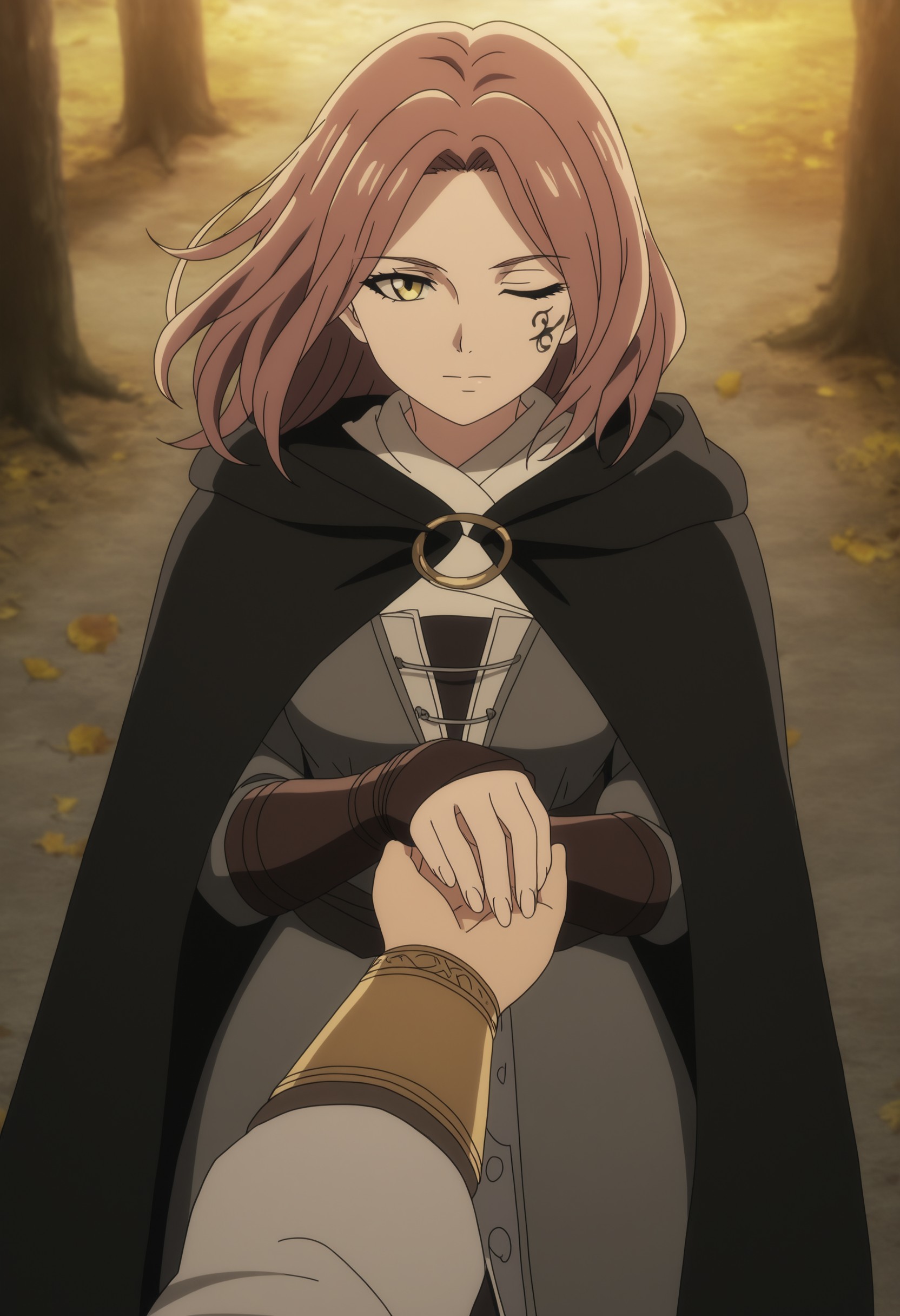 nrhd2, (melina_(elden_ring):1.3), 1girl, black_cape, brown_hair, cape, closed_mouth, dress, erdtree_(elden_ring), facial_tattoo, fingernails, floating_hair, forehead, gauntlets, grey_dress, holding_hands, hood, hood_down, hooded_cape, leaf, long_sleeves, looking_at_viewer, one_eye_closed, outdoors, pov, pov_hands, reaching, looking_back, reaching_towards_viewer, holding_hands, short_hair, tattoo, tree, yellow_eyes, dynamic dutch angle, dramatic lighting, masterpiece, detailed shading, masterfully drawn, qhd, best quality, best resolution, sharp focus, very aesthetic, professional render, 4k, latest, <lora:0adcca29-425c-4714-bd92-0ca864d0d218:0.9>